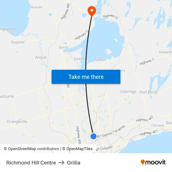 Richmond Hill Centre to Orillia map