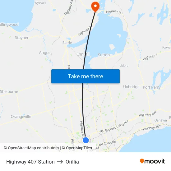 Highway 407 Station to Orillia map