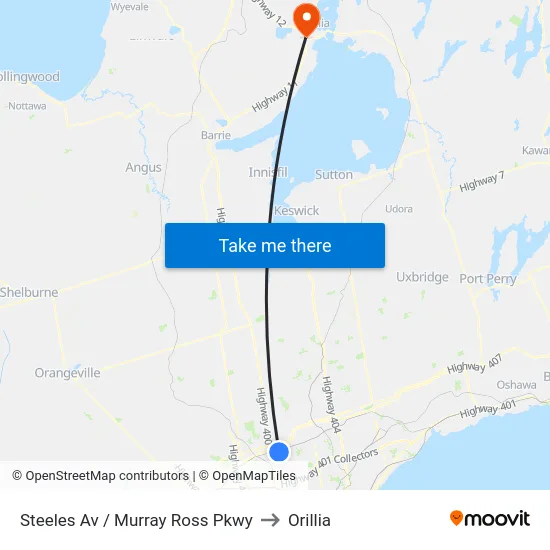 Steeles Av / Murray Ross Pkwy to Orillia map