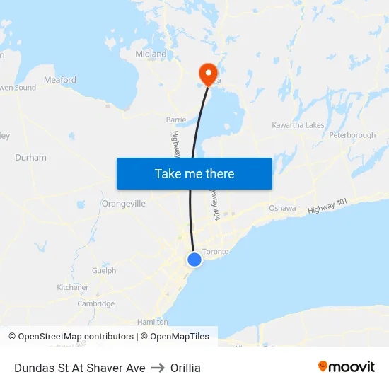 Dundas St At Shaver Ave to Orillia map