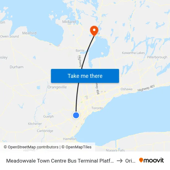 Meadowvale Town Centre Bus Terminal Platform H, I, J to Orillia map