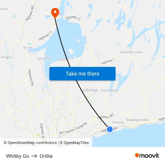 Whitby Go to Orillia map