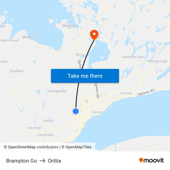 Brampton Go to Orillia map