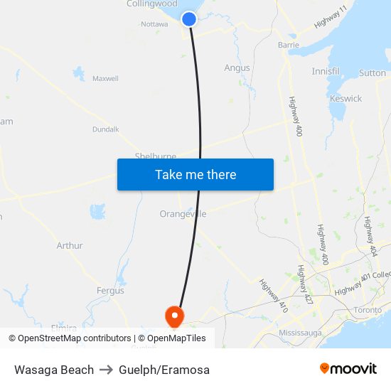 Wasaga Beach to Guelph/Eramosa map