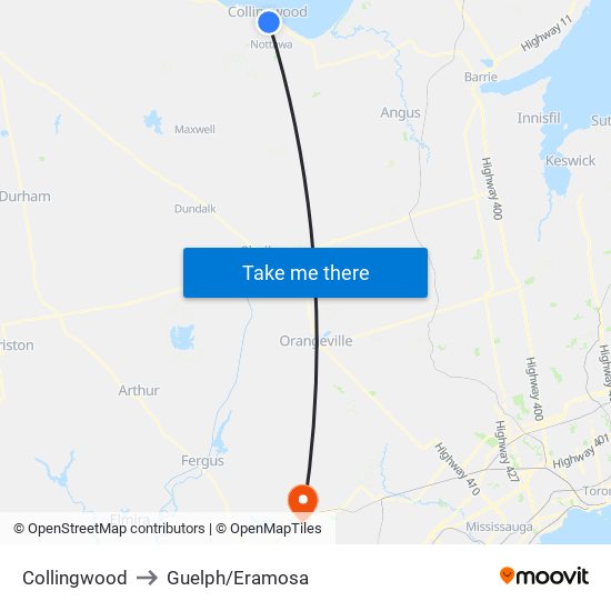 Collingwood to Guelph/Eramosa map