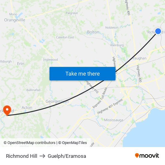 Richmond Hill to Guelph/Eramosa map