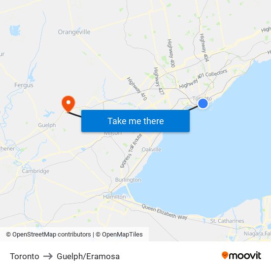 Toronto to Guelph/Eramosa map