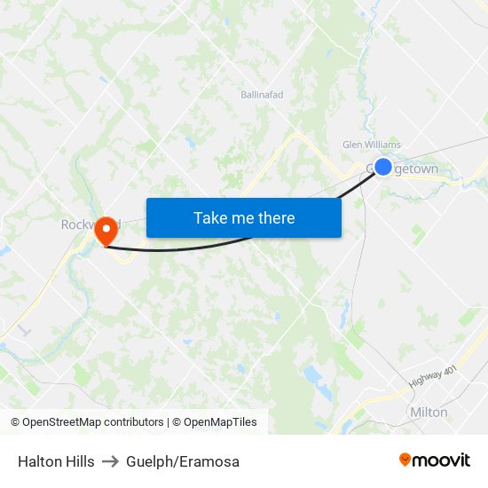 Halton Hills to Guelph/Eramosa map
