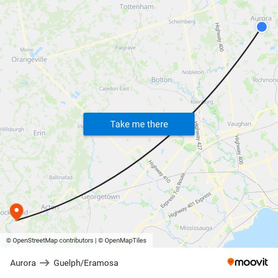 Aurora to Guelph/Eramosa map