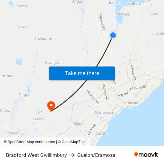 Bradford West Gwillimbury to Guelph/Eramosa map