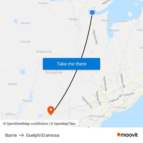 Barrie to Guelph/Eramosa map