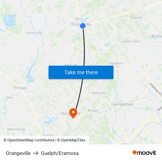 Orangeville to Guelph/Eramosa map