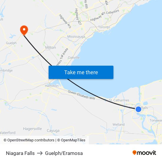 Niagara Falls to Guelph/Eramosa map