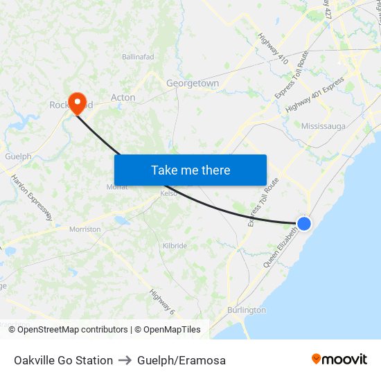 Oakville Go Station to Guelph/Eramosa map