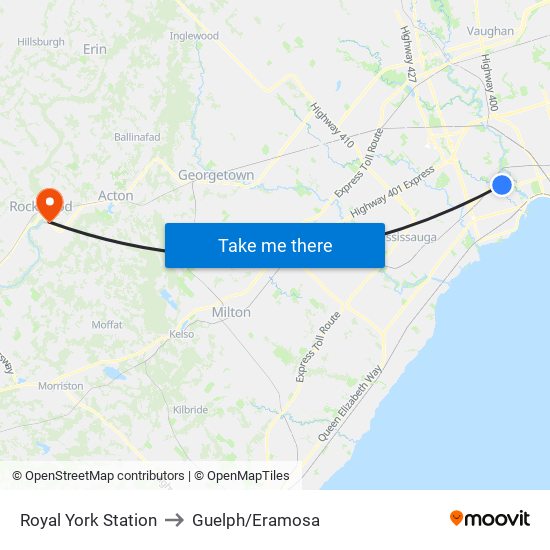 Royal York Station to Guelph/Eramosa map