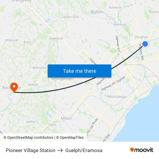 Pioneer Village Station to Guelph/Eramosa map