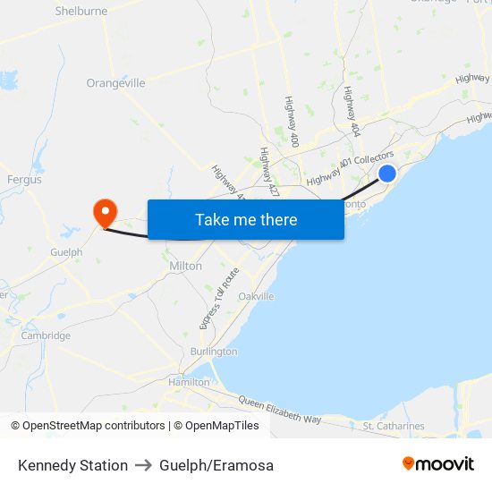 Kennedy Station to Guelph/Eramosa map