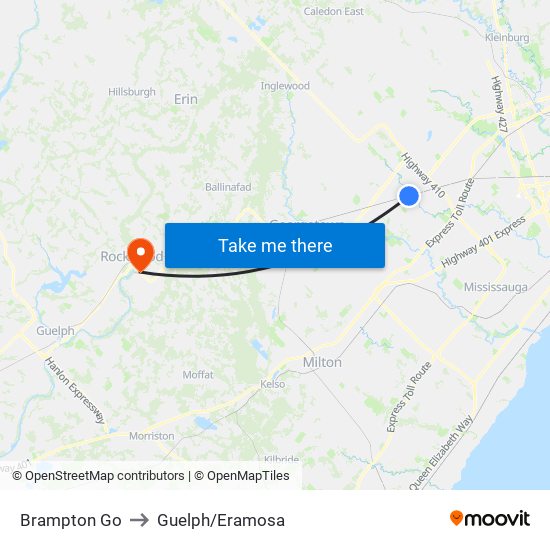 Brampton Go to Guelph/Eramosa map