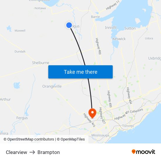 Clearview to Brampton map