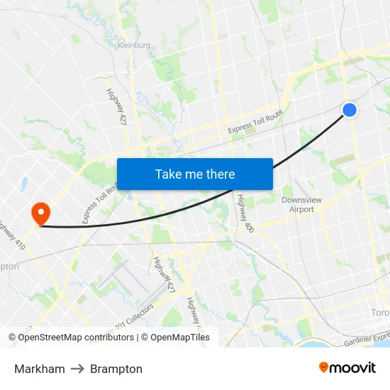 Markham to Brampton map
