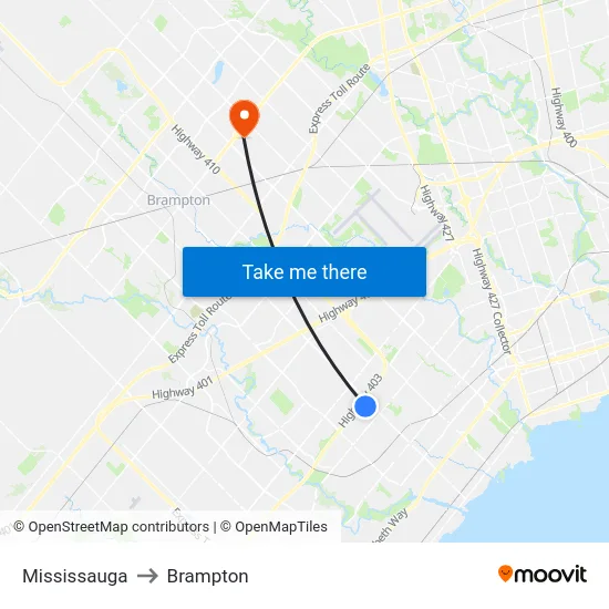 Mississauga to Brampton map
