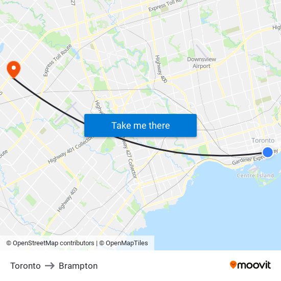 Toronto to Brampton map
