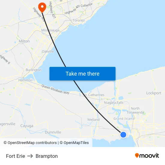 Fort Erie to Brampton map
