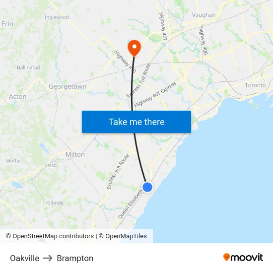 Oakville to Brampton map