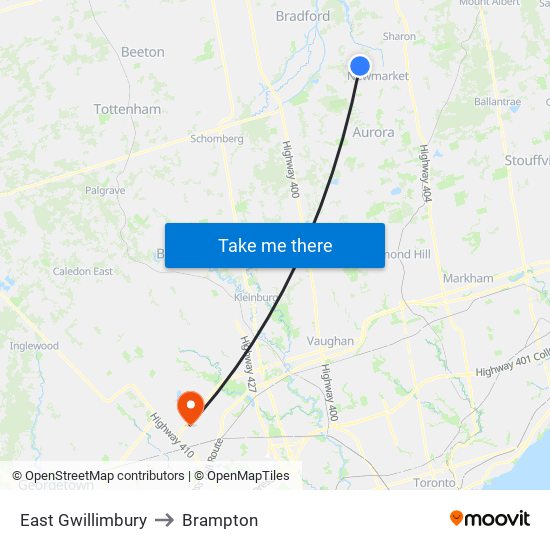 East Gwillimbury to Brampton map