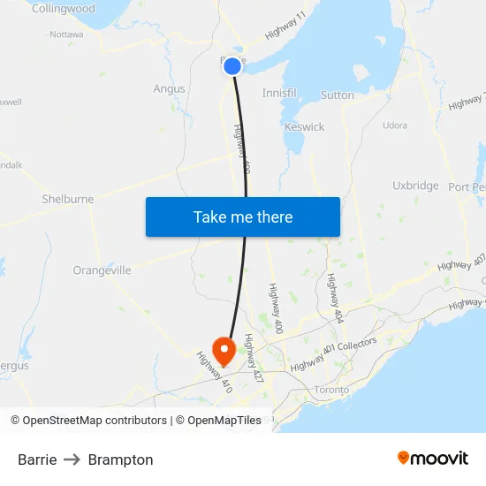 Barrie to Brampton map