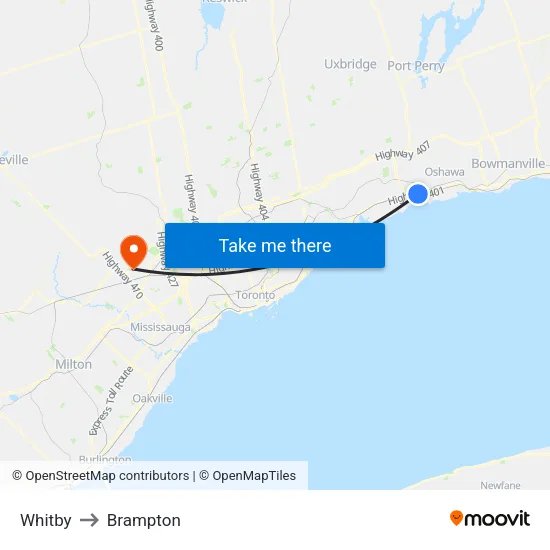 Whitby to Brampton map