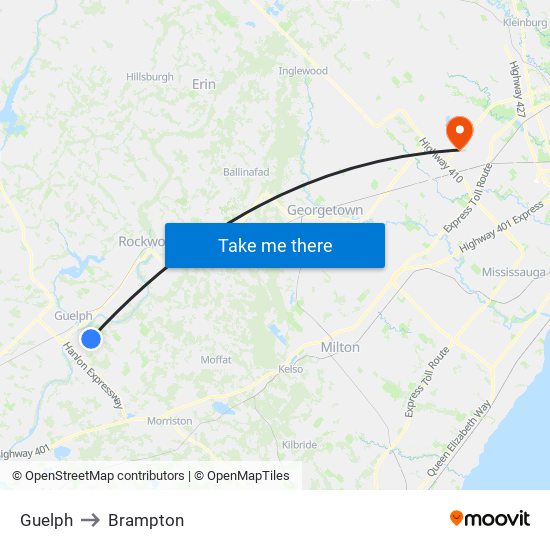 Guelph to Brampton map