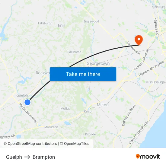 Guelph to Brampton map