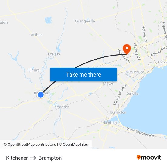 Kitchener to Brampton map