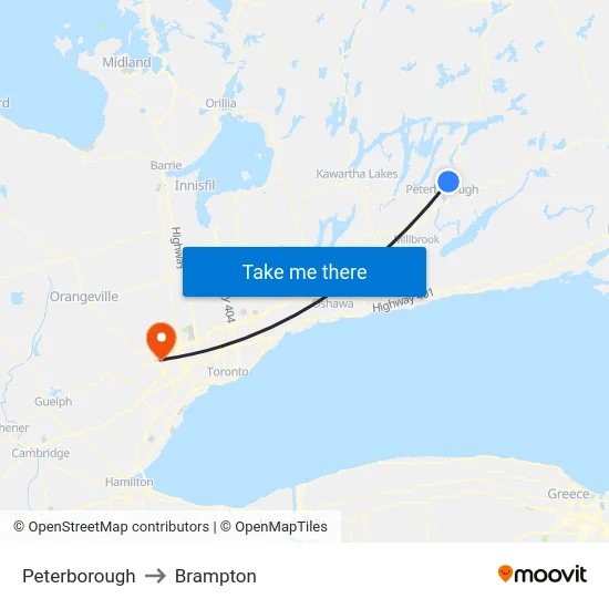 Peterborough to Brampton map