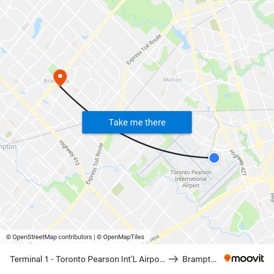 Terminal 1 - Toronto Pearson Int'L Airport to Brampton map