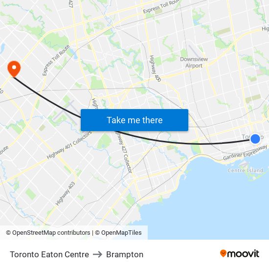 Toronto Eaton Centre to Brampton map