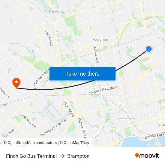 Finch Go Bus Terminal to Brampton map