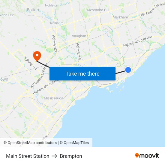 Main Street Station to Brampton map
