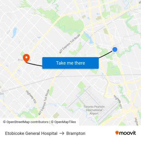 Etobicoke General Hospital to Brampton map