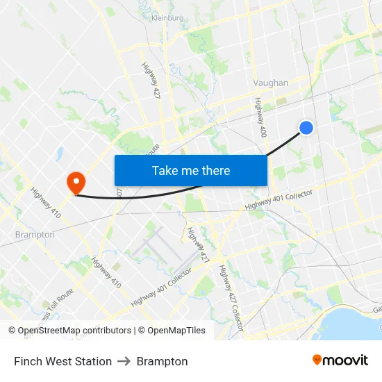 Finch West Station to Brampton map