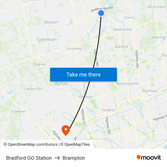 Bradford GO Station to Brampton map