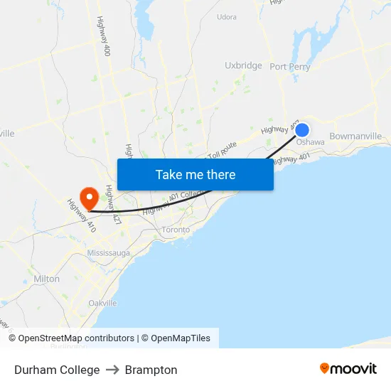 Durham College to Brampton map