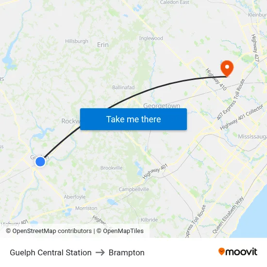 Guelph Central Station to Brampton map