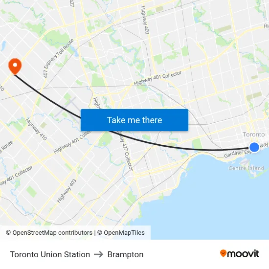 Toronto Union Station to Brampton map