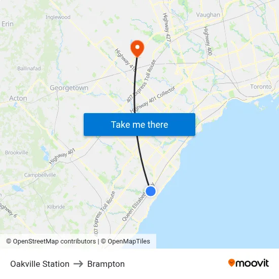 Oakville Station to Brampton map