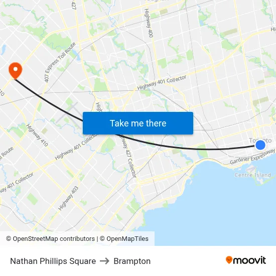 Nathan Phillips Square to Brampton map