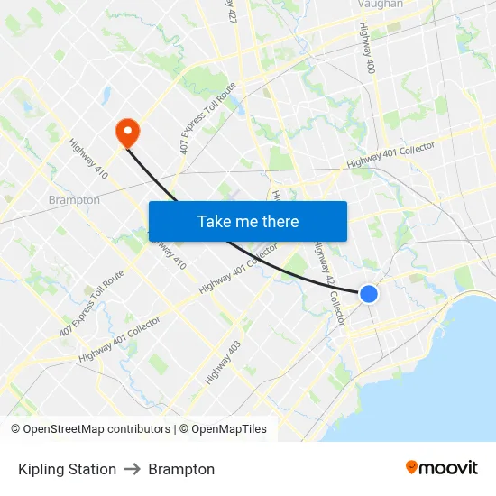 Kipling Station to Brampton map