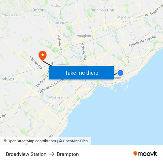 Broadview Station to Brampton map