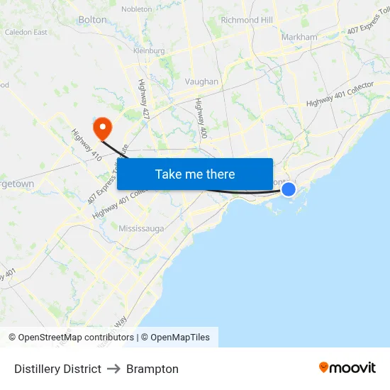 Distillery District to Brampton map
